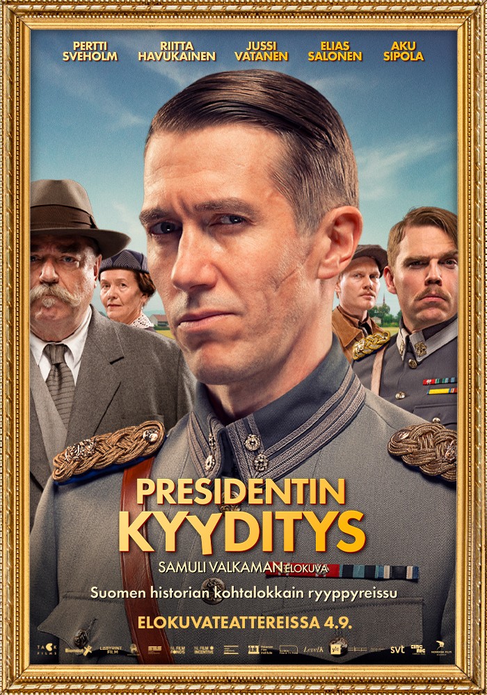 Samuli Valkaman ohjaama Presidentin kyyditys -elokuva elokuvateattereissa 4.9.2026. Pääosissa Jussi Vatanen, Aku Sipola, Pertti Sveholm, Riitta Havukainen ja Elias Salonen.